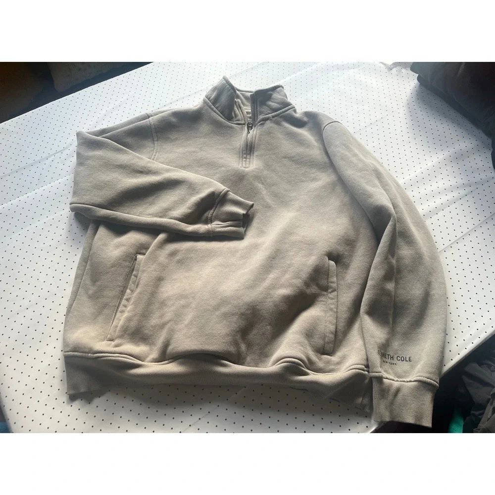 Kenneth Cole New York Mens XL Quarter Zip Sweatshirt Taupe Pullover Cotton Blend